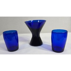 Aperitif Cordial cone shaped & two Mini Tumbler Cobalt Blue glasses set of 3